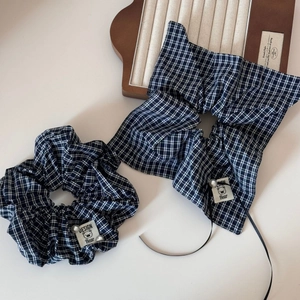 Blue plaid scrunchie set with bear patch and pearl detail for ponytail hair styling