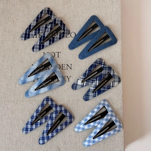 Blue denim and plaid pattern fabric triangle BB hair clips set for women