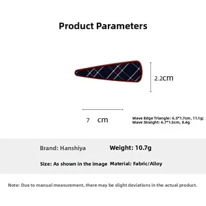 Detailed size specifications for blue and red plaid fabric hair clip with metal base