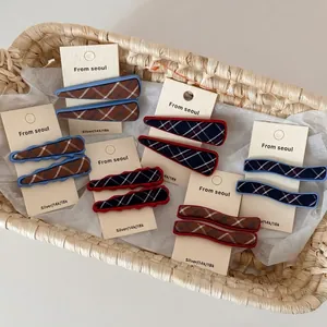 Korean Style Plaid Fabric Wrapped Metal Hair Clips For Women Girls Sweet Geometric Wave Triangle Duckbill Side Clips Headwear