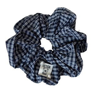 French style black and white checkered scrunchie with bear patch and clear beads