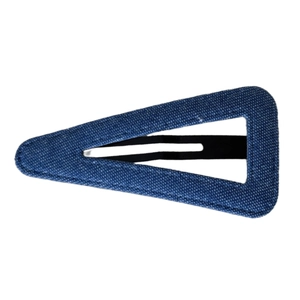 Blue denim pattern triangle hair clip with hollow metal frame and vintage fabric texture