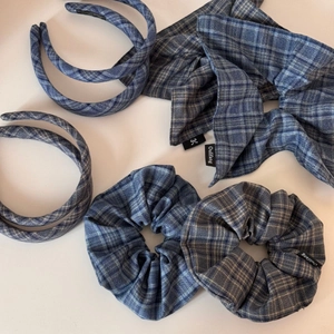 Classic blue plaid fabric hair accessory set with headband and oversized scrunchies