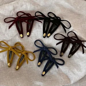 Vintage Velvet Bow Hair Clip For Women Girls Smile Happy Metal Label Snap Clip Retro Bowknot Hairpin Fashion Accessories