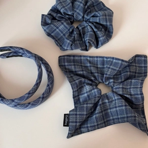 Classic blue plaid hair accessories set including scrunchie, headband and hair tie