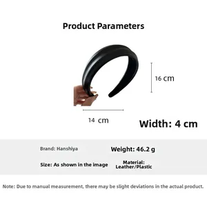 Detailed size chart of a black PU leather headband with dimensions 16x14x4 cm