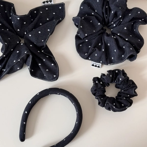 4-piece set of black denim hair accessories with white heart patterns for women