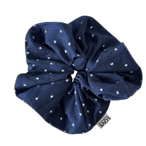 Navy blue denim scrunchie with white heart print and Love From Seoul fabric tag