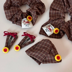Vintage red plaid scrunchies and bow hair clips set with cute buttons and labels