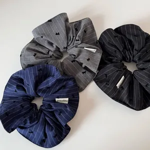 Korean Style Large Striped Fabric Scrunchies With Flocking Bow High Elastic Hair Ties Happiness Label Hair Accessories