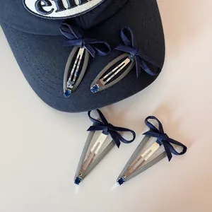 Denim Bow Rhinestone Hair Clips Navy Blue Fabric Bowknot BB Clips Retro Elegant Hairpin For Women Daily Styling Accessories