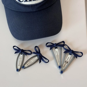 Denim blue bow hair clips set with square rhinestones and dark resin BB clip base
