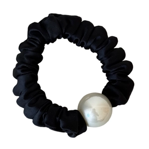 Elegant black satin pleated scrunchie with a large white pearl bead hair tie for women