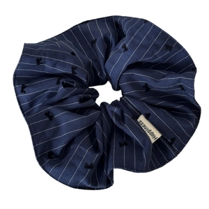 Dark blue oversized striped hair scrunchie with bow patterns and Happiness tag