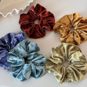 Set of five vintage velvet polka dot hair scrunchies in assorted elegant autumn colors