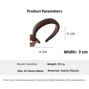 Detailed specs of plaid padded headband showing 3cm width and 16cm diameter dimensions