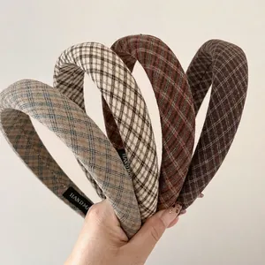 Vintage Plaid Padded Headband Women High Top Sponge Hair Band Korean Style Fabric Hair Hoop For Daily Styling Face Washing