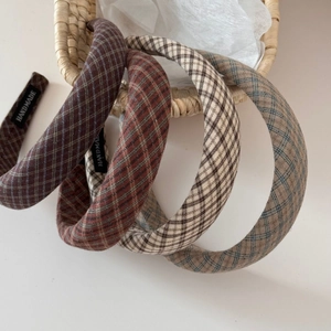 Classic plaid sponge headband set in retro autumn colors with handmade fabric label detail