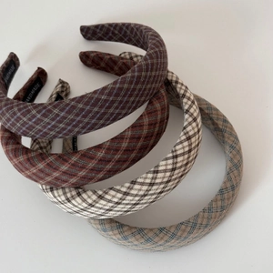 Set of four padded plaid headbands with high top design in coffee and grey checkered patterns