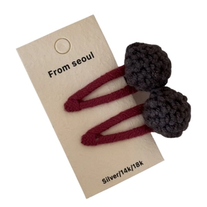 Set of 2 forest style BB hair clips with red fabric wrap and grey wool ball pom-poms