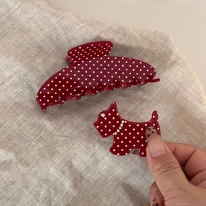 Polka dot acetate claw clip set with dark red fan hair clip and dog hair pin detail