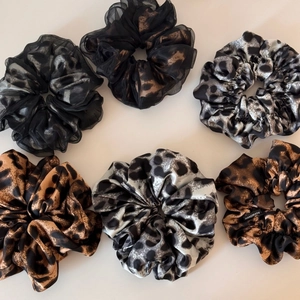 Set of six leopard print scrunchies in satin and organza with handmade labels