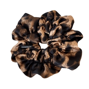 Leopard print satin scrunchie with handmade label for stylish women hair styling