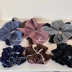 Set of six large vintage plaid and solid bow hair scrunchies with wavy edges for women