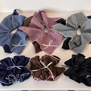Plaid pattern bow scrunchies in three colors with dual-layer fabric and ruffled design