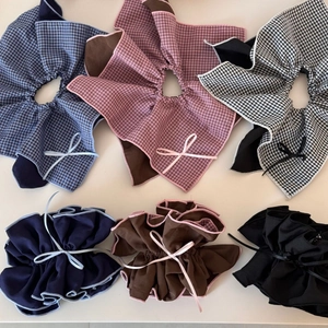 Set of six vintage plaid bow scrunchies in navy, brown, and black cotton fabric