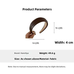 Detailed view of brown PU leather headband with dimensions 16cm height and 4cm thickness