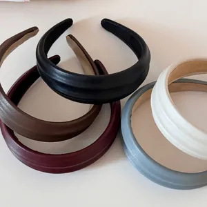 Vintage French Padded PU Leather Headband Wide Ruched Solid Color Hair Band For Women Daily Face Washing Fashion Hair Accessories