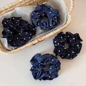 Vintage Denim Scrunchies For Women Heart Polka Dot Print Fabric Hair Ties Elastic Hair Rope Korean Style Sweet Headwear Accessories