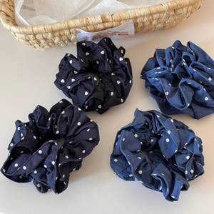 Set of four vintage denim style heart polka dot hair scrunchies in black and navy blue