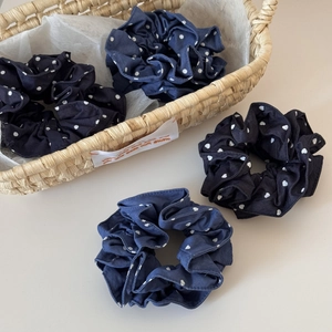 Set of four vintage denim heart polka dot elastic hair scrunchies in woven basket