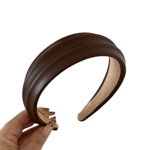 Brown padded PU leather headband with high-crown design and anti-slip lining