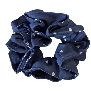 Navy blue corduroy hair scrunchie with white heart patterns and high elasticity