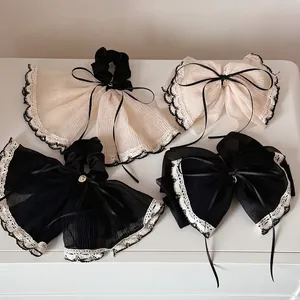 French Vintage Pleated Lace Hair Scrunchie Sweet Bow Hair Clip Chiffon Fabric Hair Rope With Metal Charm Ponytail Accessories For Women