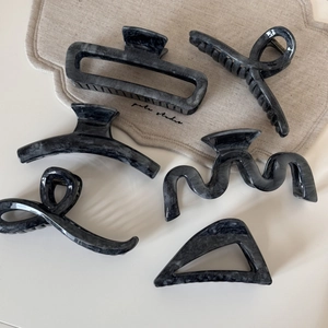 Set of 6 gray marble ink pattern hair claws in various geometric shapes for women