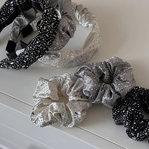 Velvet hairband and scrunchie set with rhinestones in black silver and ivory white