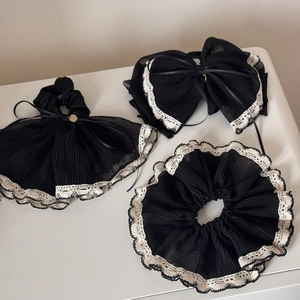 Elegant beige silk bow hair clip and lace scrunchies set in black and white style