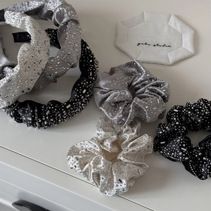 Sparkling rhinestone velvet scrunchie and headband set in silver, black, and cream colors