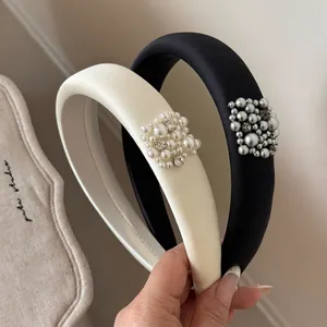 French Style Padded Satin Headband With Rhinestone Faux Artificial Pearl Flower Decor Elegant Padded Hair Hoop For Women Hair Accessories