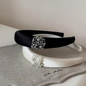French style satin sponge headbands with pearls and rhinestones in black and cream