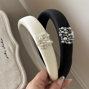 French style padded satin headbands in black and white with rhinestones and pearls