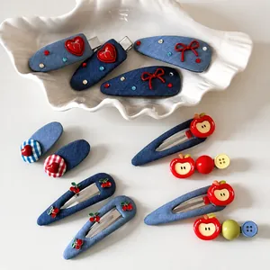Korean Style Denim Fabric Hair Clips Sweet Heart Apple Cherry Bowknot Rhinestone Snap Clips Women Girls Hair Accessories