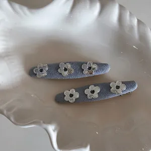 Denim Fabric Flower Hair Clip Silver Metal Heart Hollow BB Clip Side Bangs Duckbill Clip Sweet Korean Style Women Hair Jewelry
