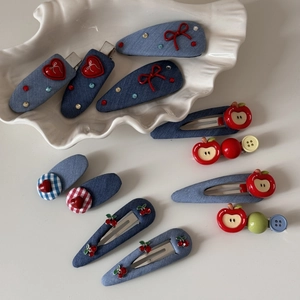 Cute denim hair clips with heart, bow, and apple designs for girls hair accessories