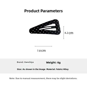 Detailed view of polka dot fabric BB hair clip showing 7.8cm size and 4.2cm width
