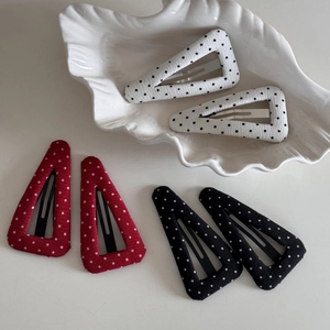 Polka dot fabric covered hollow triangular hair clips in white, red and black sets